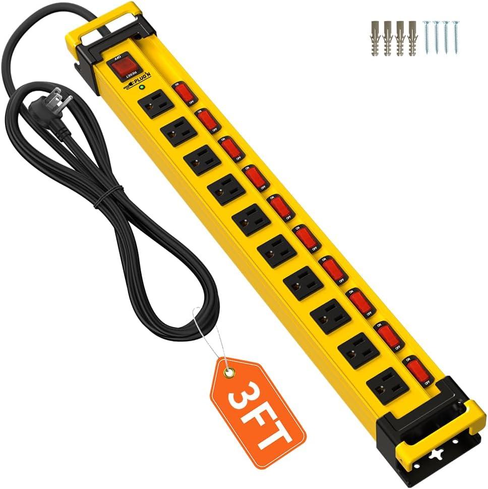 Plug'n 10 Outlet 3300J Surge Protector Power Strip with Individual Switches, Heavy Duty Metal Power Strip with Cord Manager, 3FT/ 14AWG/ 15AMP/ 1875W Power Cord for Workshop, Garage