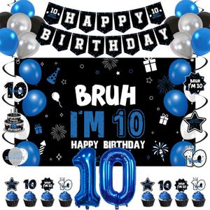 Vlipoeasn 10th Birthday Decorations Set for Boys Girls, 35PCS Black Blue 10 Year Old Birthday Backdrop Banner, Bruh I'm 10 Party Supplies