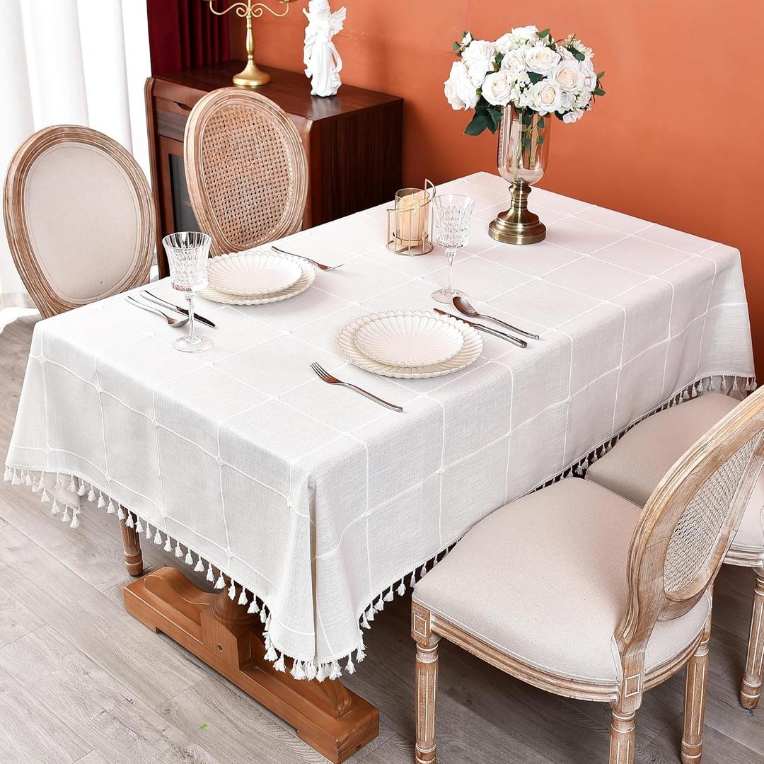 Plaid Farmhouse Tablecloth Checkered Cotton Linen Heavy Weight Table Covers Cloths for Dining Room Kitchen Tabletop Decoration (Rectangle-54x72, Off-White)