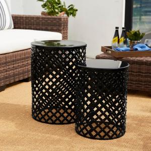 Glitzhome Outdoor Side Table Set of 2, Decorative Garden Stool for Indoor Outdoor Heavy Duty Metal Frame Modern Accent Table, Black