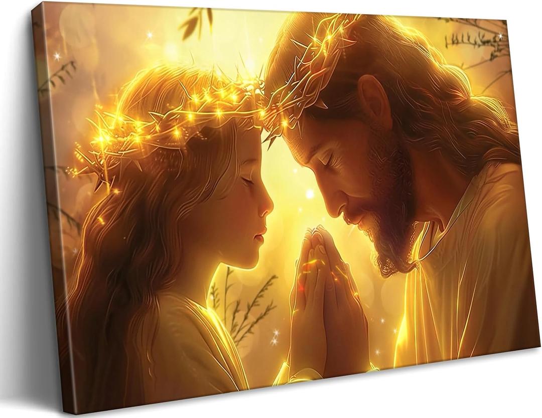 Jesus and Girl Praying Canvas Wall Art Jesus With Children Painting Picture Wall Decor Christian Bible Story Poster Print Artwork for Praying Room Bedroom Church Home Decoration Christian (16L''x12W'')
