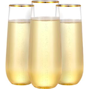 N9R 36PCS Plastic Champagne Flutes, 9 Oz Stemless Disposable Gold Rim Toasting Glasses, Crystal Clear Cocktail Cups Drinkware Shatterproof Ideal for Party Wedding Birthday