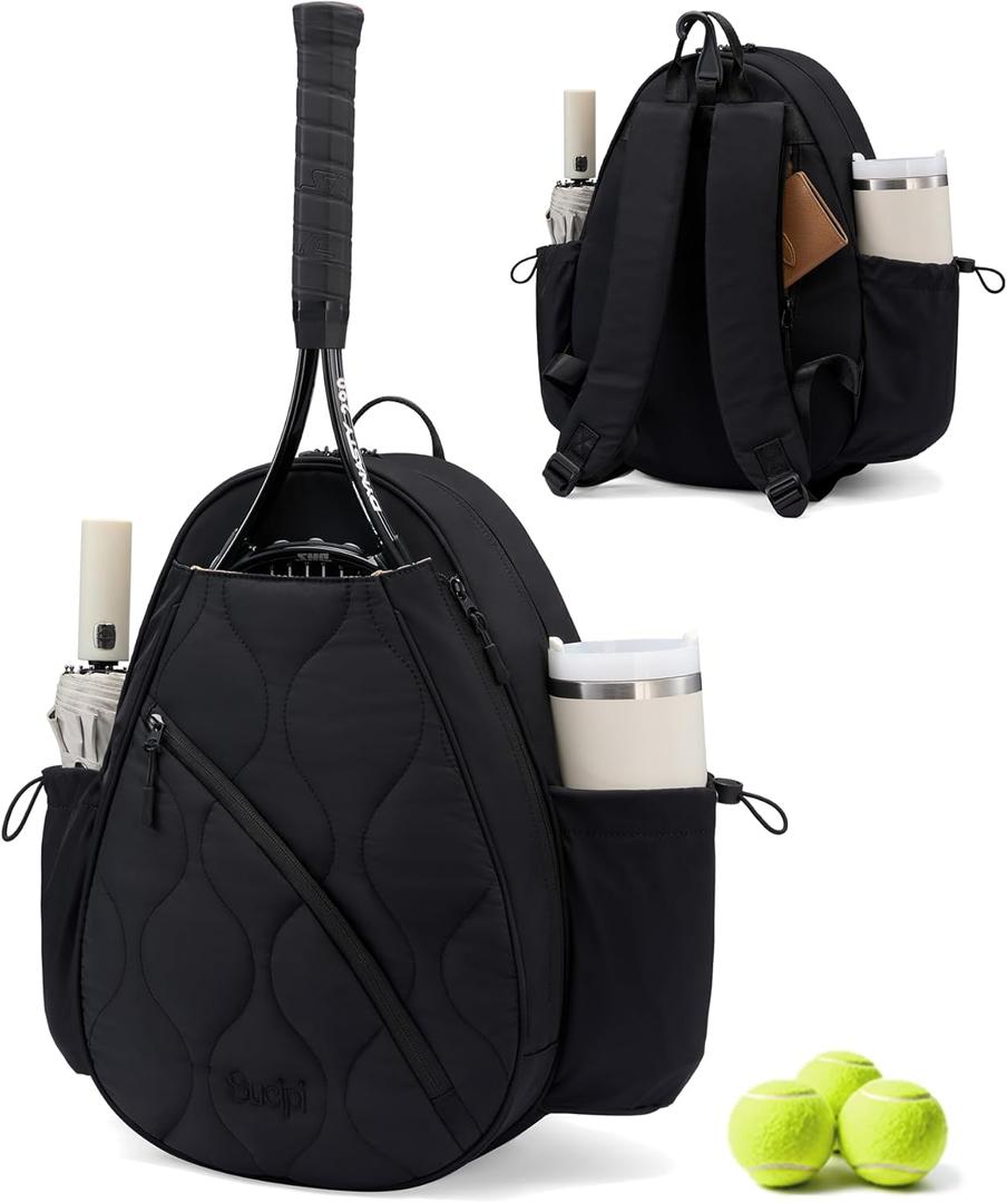 Sucipi Tennis Bag for Women and Men, Water-Resistant and Machine Washable Tennis Racket Backpack, Lightweight Sports Bag for Pickleball, Badminton (Medium, Black)