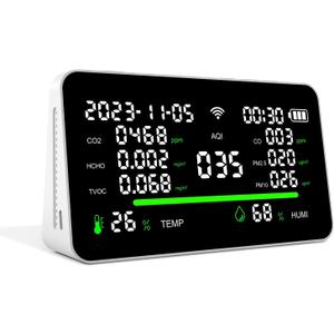 11-in-1 Air Quality Monitor, Indoor CO2/VOC/AQI/PM2.5/Thermometer/Humidity Monitor, Portable Smart Air Quality Meters, Air Quality Tester for Home Office Outdoor, Battery Powered (White)