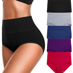 Women's High Waist Cotton Underwear Super Stretchy Briefs Full Coverage Panties Blue 5-Pack One Size Fits All