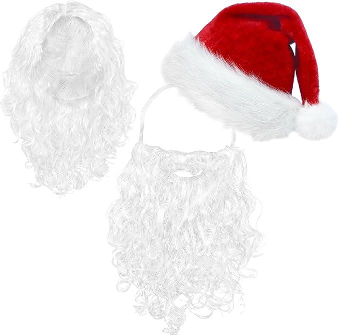ROSAUI Santa Hat, Beard & Wig Set for Adults – Premium Santa Claus Costume Accessories Soft Elastic Strap Beard Classic Red Hat Fluffy White Wig Perfect for Christmas Parties & Holiday Fun