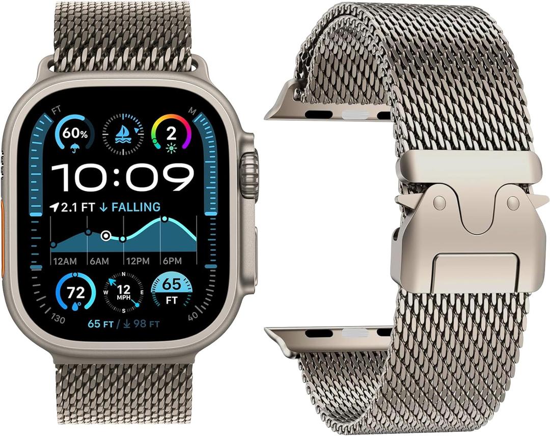 Milanese Loop Band Compatible with Apple Watch Bands Ultra 3/2/1 49mm 46mm 45mm 44mm for Women Men, Parachute-style Buckle Stainless Steel Metal Mesh Breathable Strap for iWatch Series 11 10 SE 9 8 7 6 5 4 (Natural Titanium)