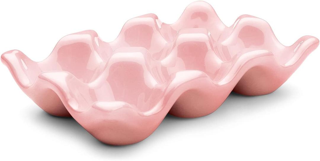 Flexzion Ceramic Egg Holder for Fridge - 6 Cups Egg Tray Half Dozen Porcelain Container Keeper Storage Organizer Decorative Serving Dish Serveware for Refrigerator Countertop Display Kitchen (Pink)