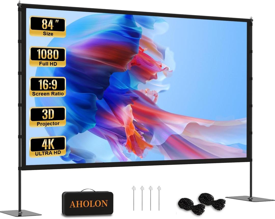 Outdoor Projector Screen with Stand - 84 inch Portable Projector Screen Indoor Outdoor Projection Screen 16:9 4K HD Outdoor Movie Screen with Carry Bag,Enioy Home Theater Projection Screen.