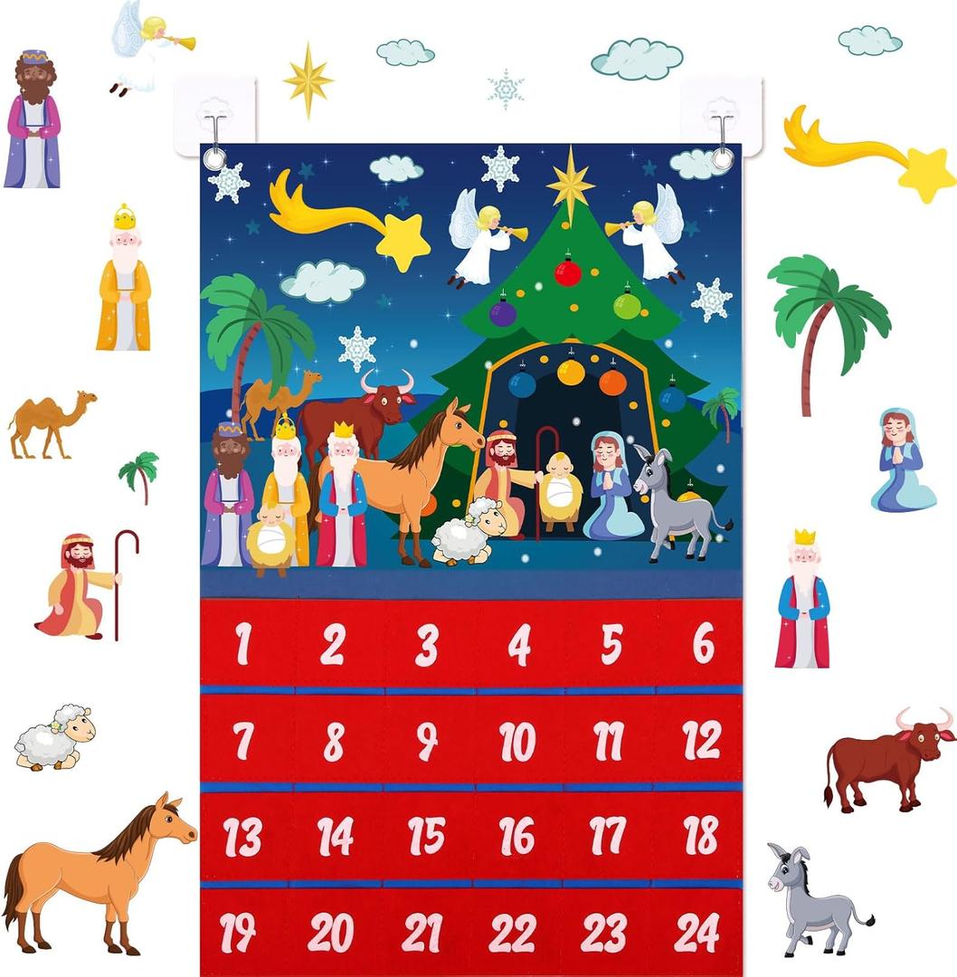 Yexiya Christmas Nativity Advent Calendar 2025 Felt Advent Wall Hanging Craft Calendar with 24 Ornaments Pockets Felt Ornaments Home Decoration for Kids Adults, Countdown to Christmas(Stylish)