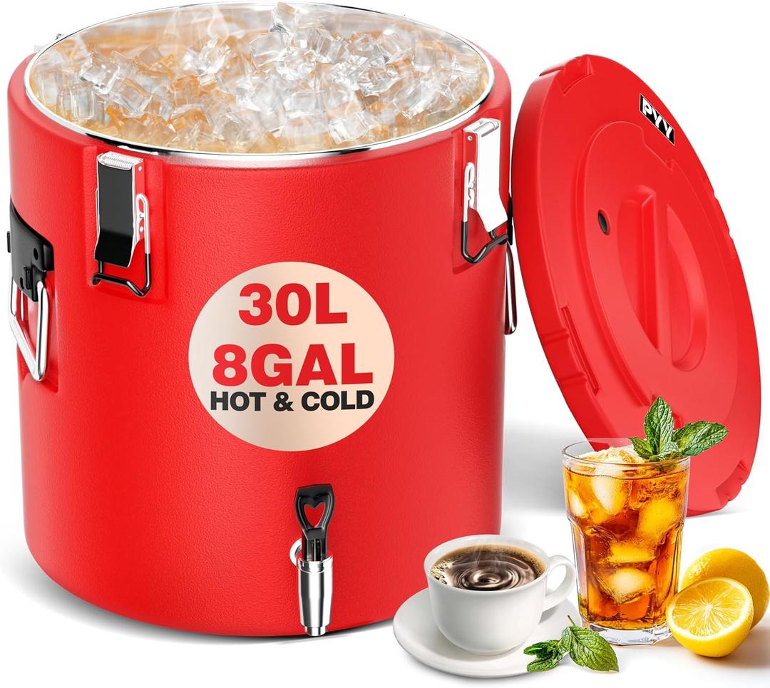 PYY Insulated Beverage Dispenser - 8 Gallon Stainless Steel Hot and Cold Drink Water Coffee Carrier with Spigot Handle, Commercial Thermal Container for Chocolate Iced Juice Tea Milk Restaurant Party (Red)