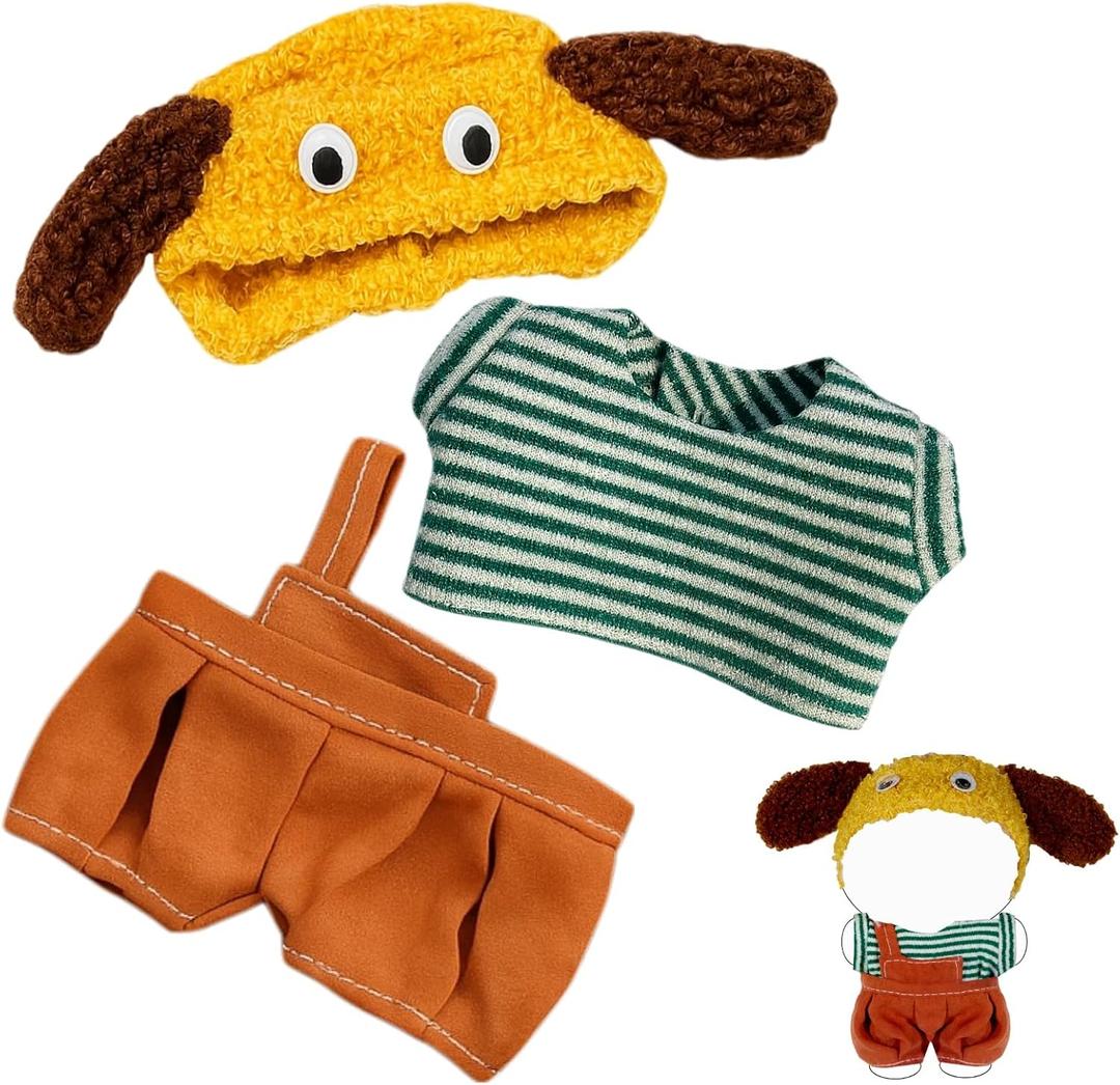 HDJY 17cm Doll Clothes Suitable for 15-17cm Dolls Accessories, 6.7" Doll Clothes, Includes Yellow Dog Hat, Green Striped Top, Orange Pants