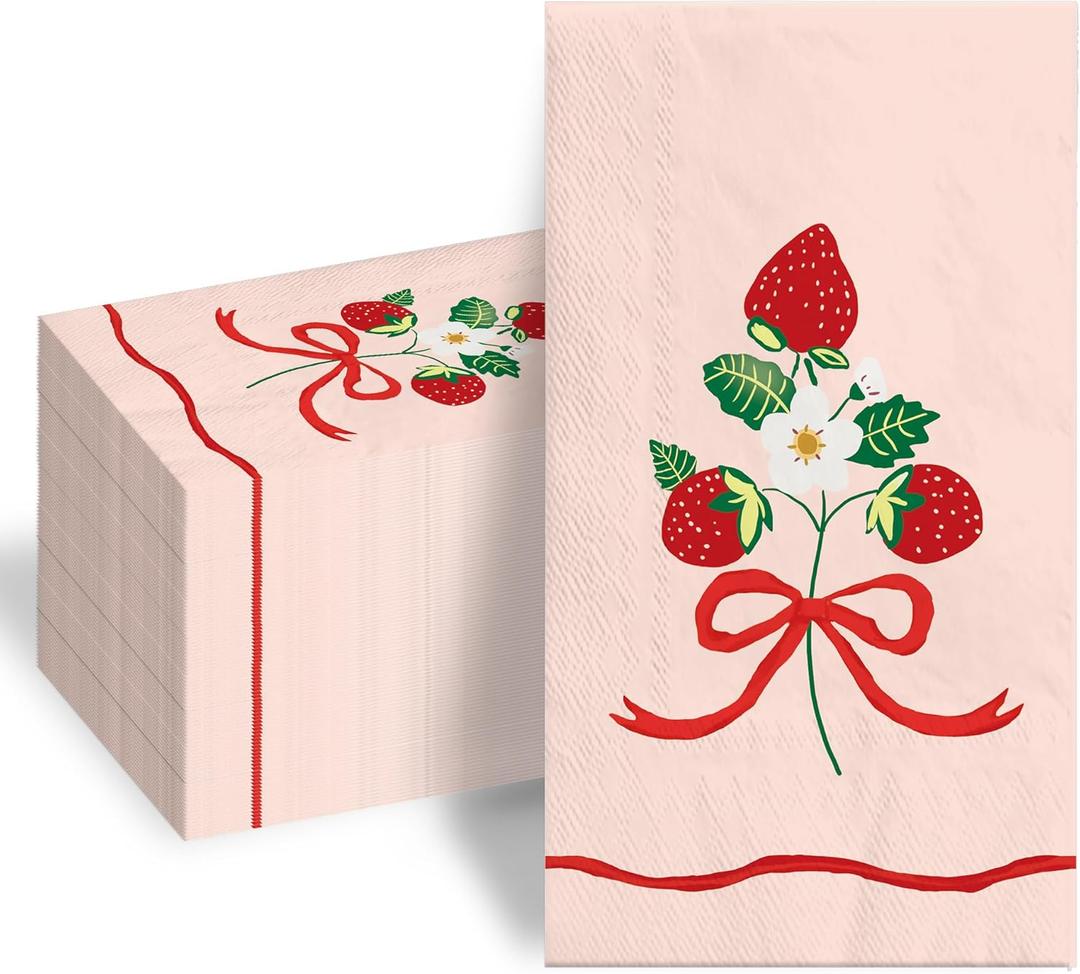 100 Pcs Strawberry Paper Napkins 3 Ply Disposable Cocktail Napkins Hand Towels for Bathroom Kitchen Birthday Berry Sweet Party Supplies