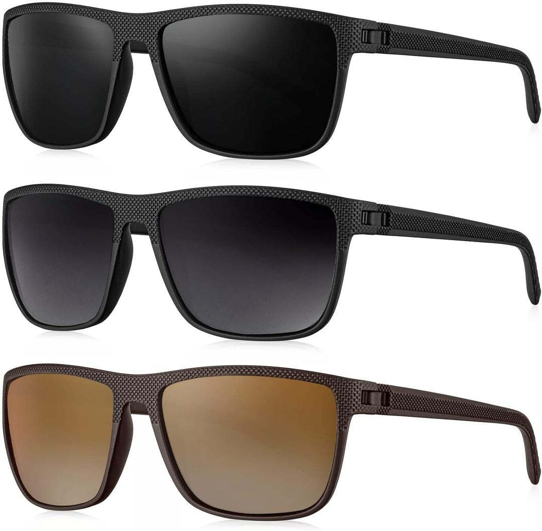 KALIYADI Polarized Sunglasses for Men, Lightweight Sun Glasses with UV Protection for Driving Fishing Golf ((3 Pack) Black/Gradual Gray/Gradual Brown)