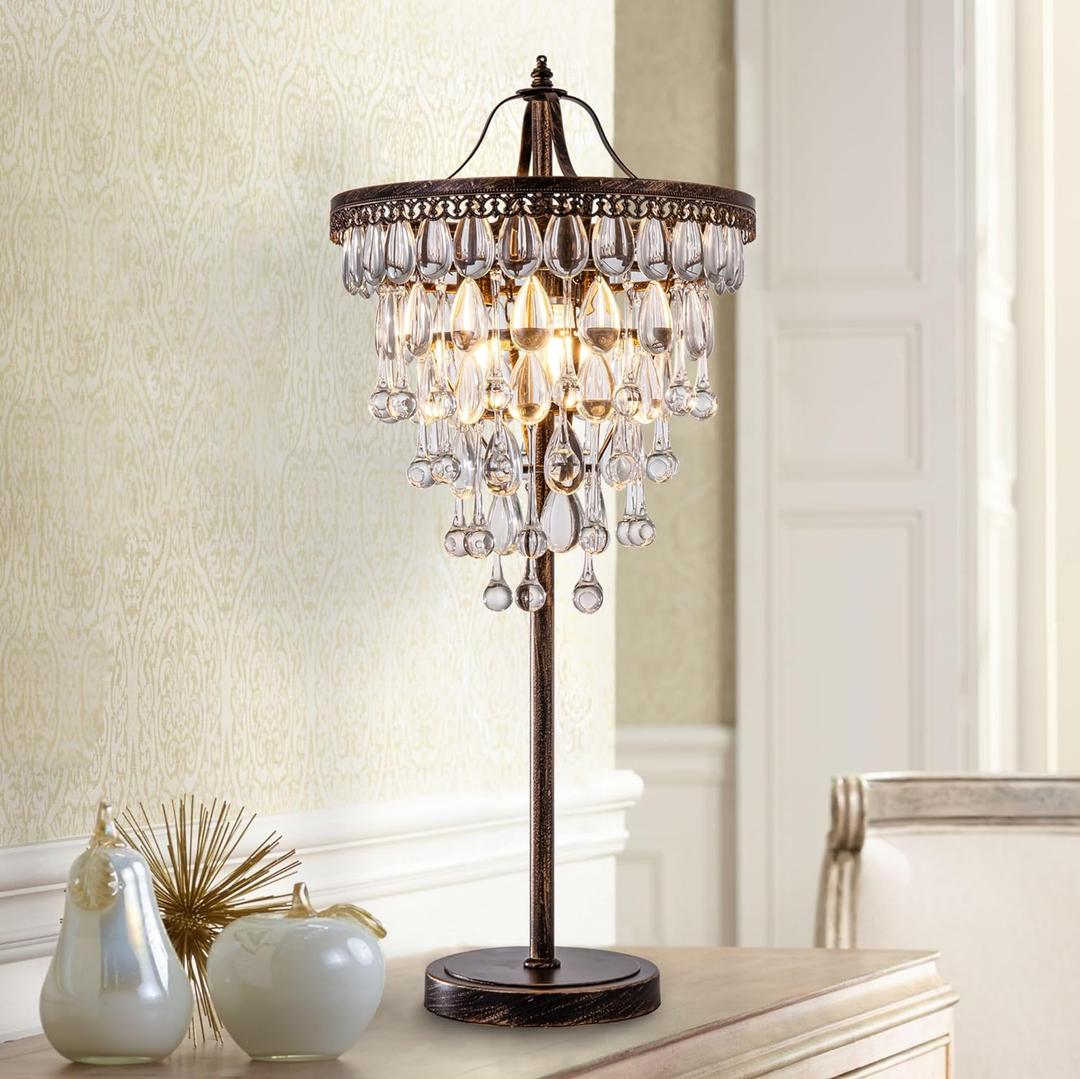 TOCHIC 3 Lights Crystal Table Lamp for Living Room, Bedside Table Lamp for Bedroom Dimmable Control, 28" Tall Bronze Antique Modern Desk Nightstand Lamp for Entryway, Staircase, Home Office