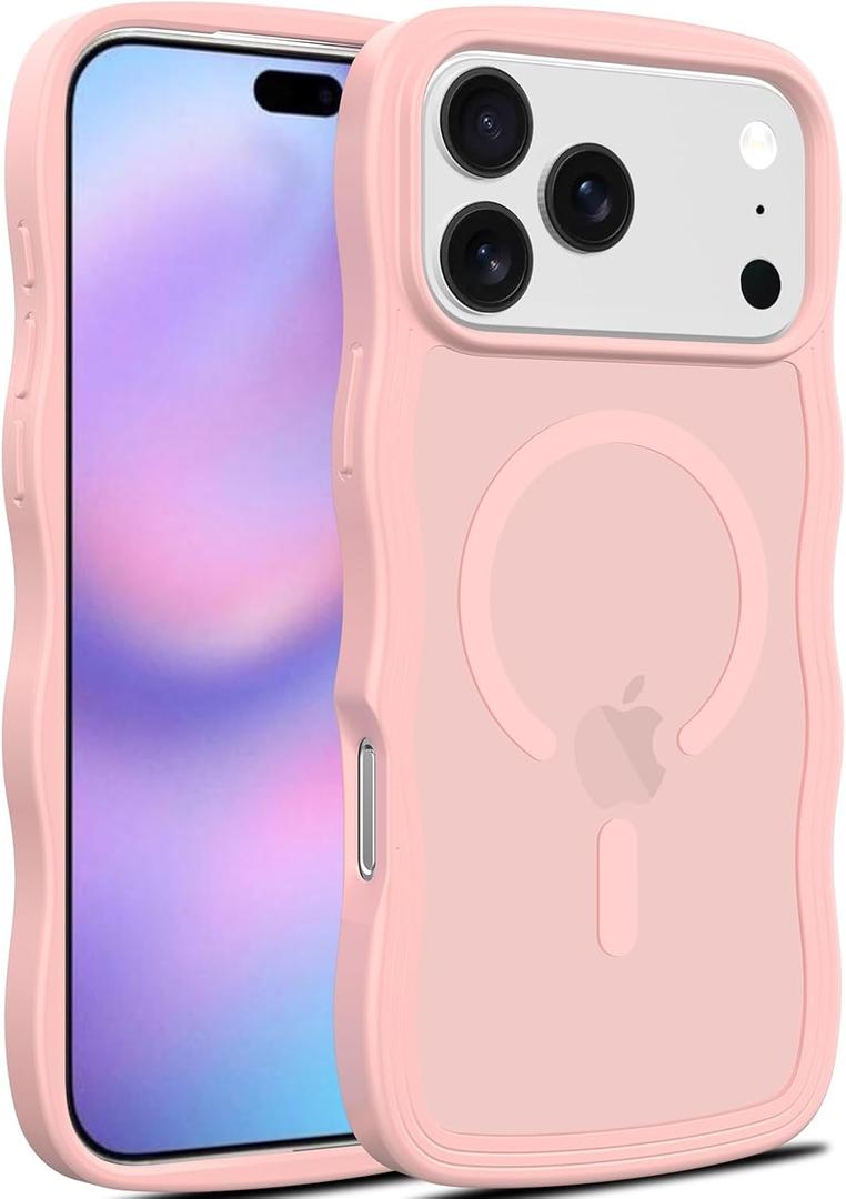 Magnetic for iPhone 17 Pro Case, (Compatible with Magsafe) Curly Wavy Frame Hard Translucent Matte Clear Back Cover for Women Men TPU Bumper Shockproof Phone Case (Pink)