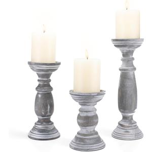 Rustic Wooden Pillar Candle Holders Set of 3, 12'' 9'' 6'' Farmhouse Wood Candle Stand for Table Centerpieces, Vintage Tall Candleholders Fireplace Mantel Decor for Living Room, Grey