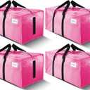4 Pack Large Strong Moving Bags with Zippers & Carrying Handles - Water-Resistant - Heavy Duty Storage Tote for Space Saving, Fold Flat, Alternative to Moving Box (Pink)