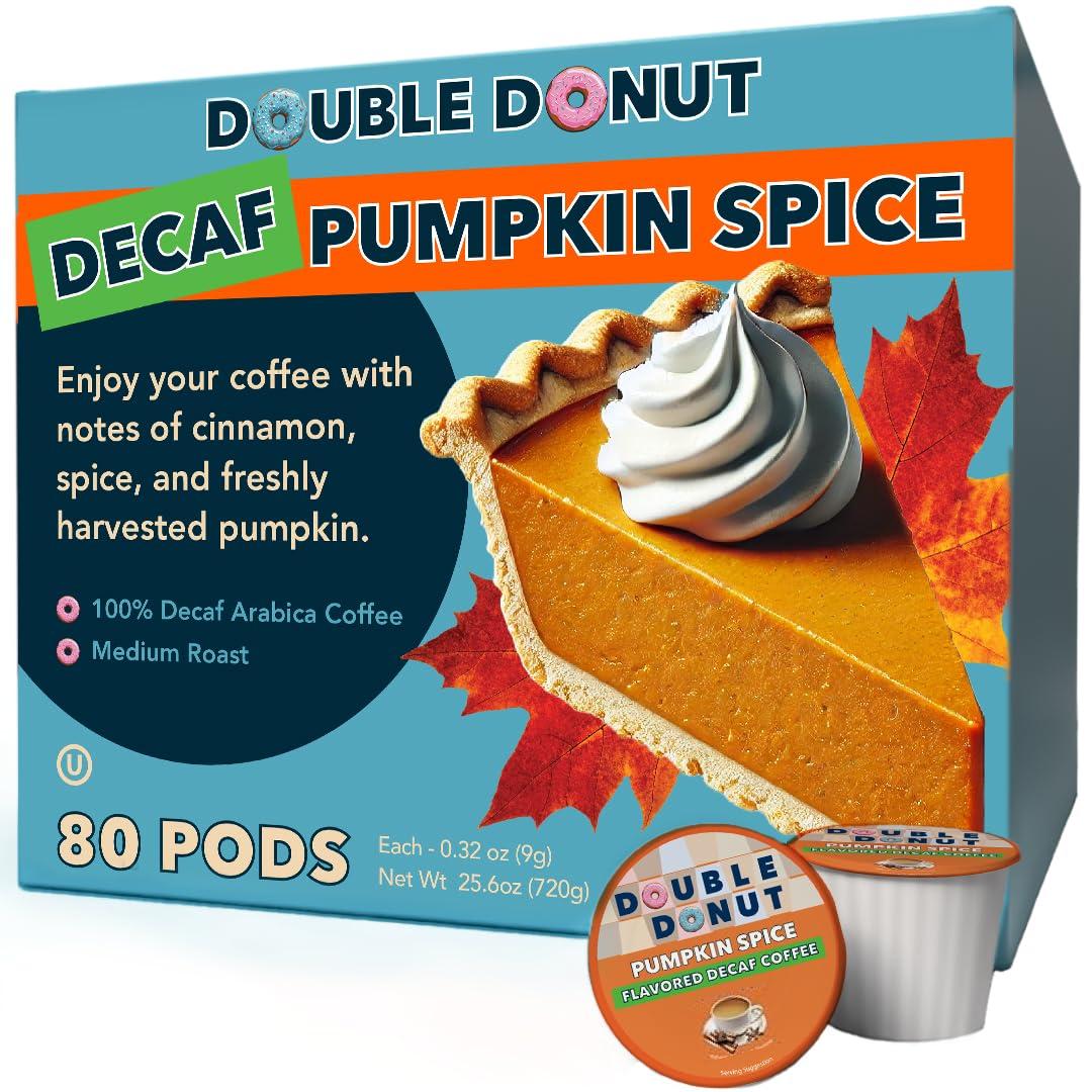 Double Donut Coffee Medium Roast Decaf Coffee Pods, Pumpkin Spice Flavored, for Keurig K-Cup Machines, 80 Single-Serve Capsules per Box (EXP 09/19/27)