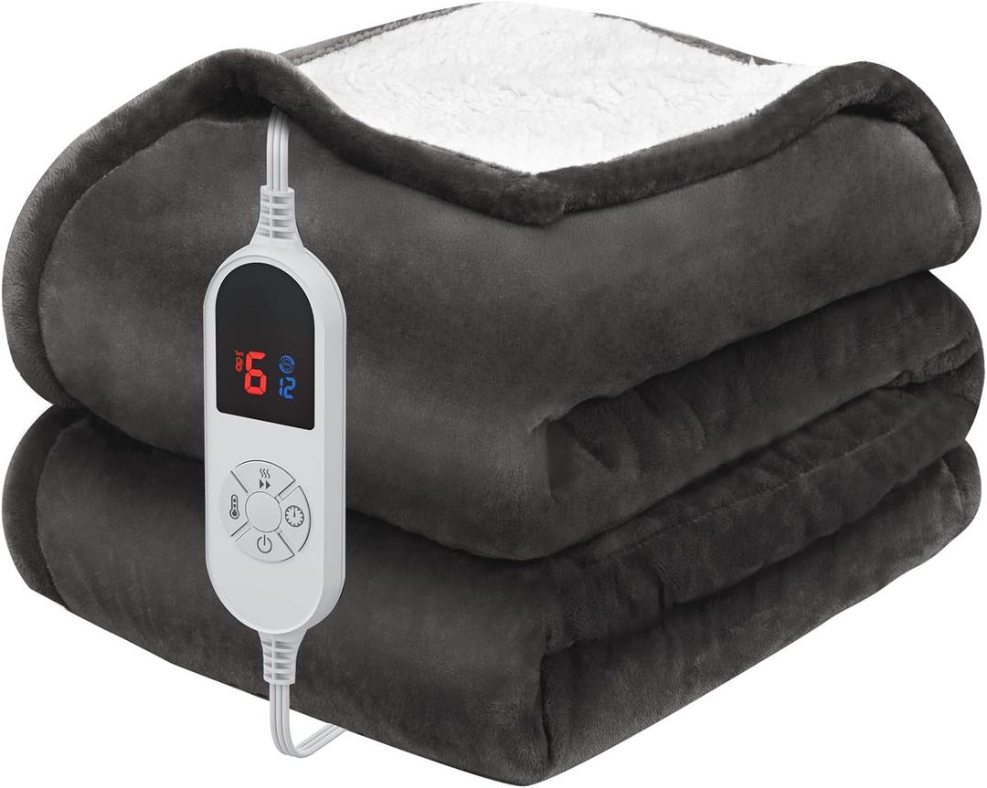 HOW'S MY HOUSE Heated Blanket Throw 50" x 60", Electric Blanket with 12 Time Settings & 6 Heating Levels, Over-Heat Protection, Flannel Sherpa Super Cozy with ETL Certification, Gray