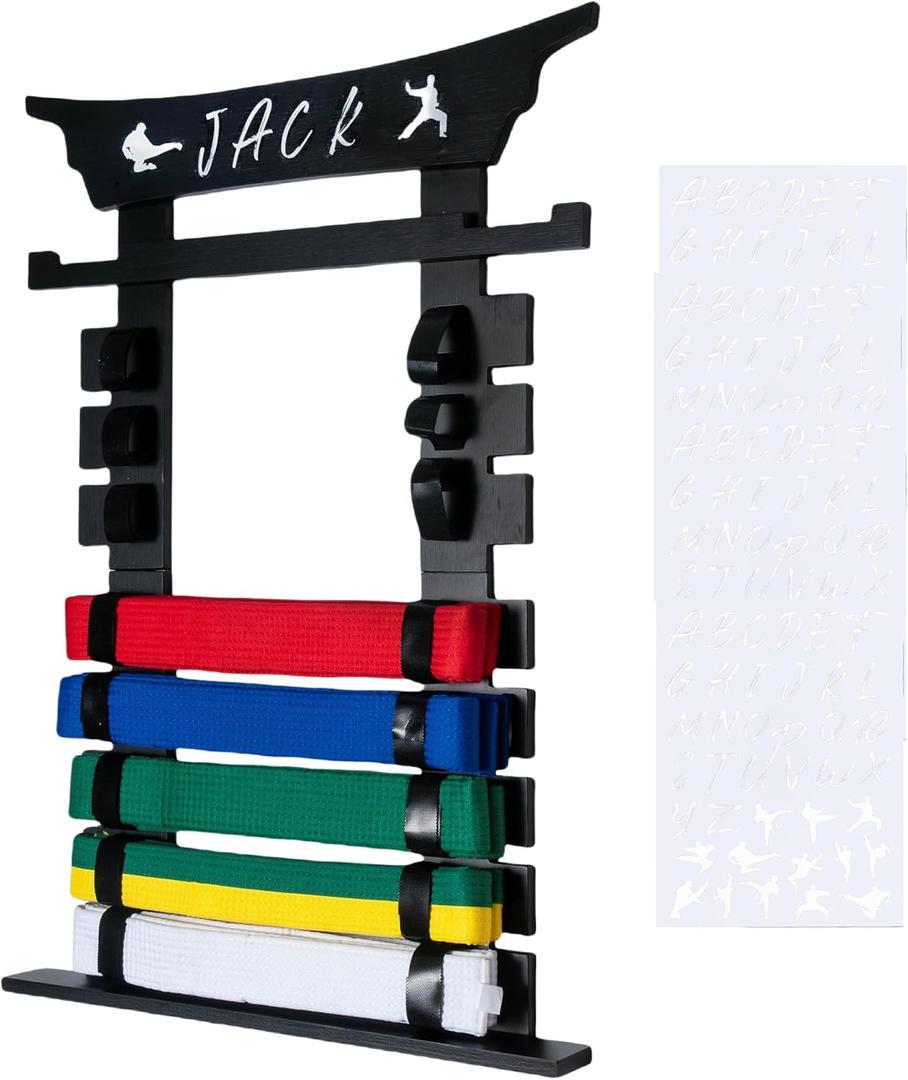Wall Karate Belt Display Rack with Medal Hanger and Stickers, Black Martial Arts Belt Display Holder, 8 Belt Taekwondo Belt Display Hanging Holder for Kids and Adults