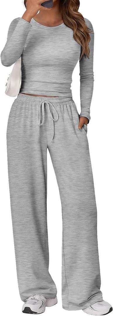 Women’s 2 Piece Lounge Set Long Sleeve Fitted Top Wide Leg Pants Comfy Lightweight Travel Outfit Chic Matching Set, Small