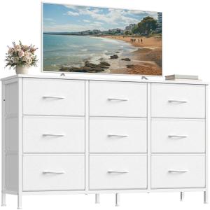 SONGMICS BELLAH Collection - Dresser for Bedroom, TV Stand for TVs Up to 55 Inches, Chest of Drawers for Living Room, Closet, Steel, 9 Drawers, Modern, Cloud White ULGS033WH02S, 11.8"D x 44.8"W x 26.8"H