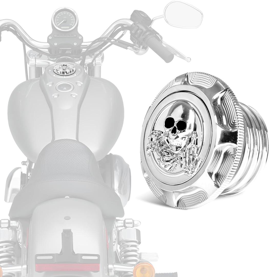 Motorcycle Gas Tank Cap Fit for Harley Sportster 1200 883, Softail, Road King, Iron 883 1200, Freewheeler, Forty Eight, Fat Boy, Dyna | Skull Pattern Fuel Tank Cove (Chrome Black)