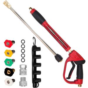 Hourleey Pressure Washer Gun, Red High Power Washer Gun with Replacement Wand Extension, 5 Nozzle Tips, M22 Fittings, 40 Inch, 5000 PSI Hourleey Pressure Washer Gun, Red High Power Washer Gun with Replacement Wand Extension, 5 Nozzle Tips, M22 Fittings, 40 Inch, 5000 PSI
