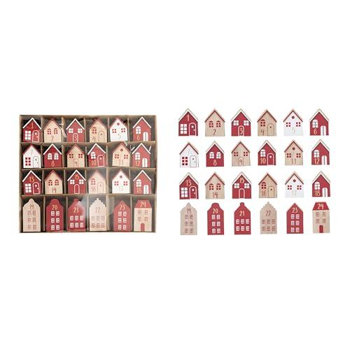 Creative Co-Op Wood Advent Calendar Houses, Red, White, and Natural, Set of 24