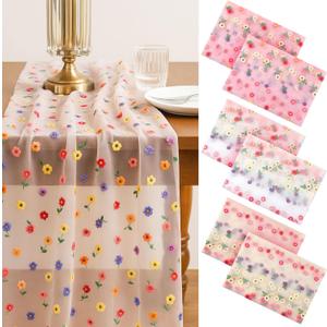 6 Pcs Embroidery Daisy Tulle Table Runners Bohemian Country Florals Tulle Lace Table Runner 120 Inch 10 Ft White Champagne Pink Lace Fabric for Home Dining Wedding DIY Craft
