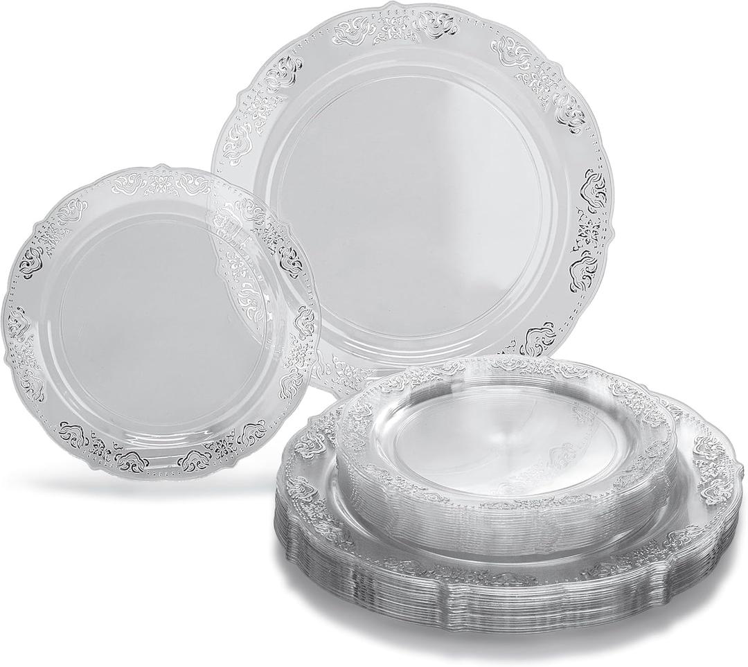 " OCCASIONS " 50 Plates Pack (25 Guests)-Vintage Wedding Party Disposable Plastic Plate Set -25 x 10.25'' Dinner + 25 x 7.5'' Salad/Dessert plates (Portofino in Clear & Silver)
