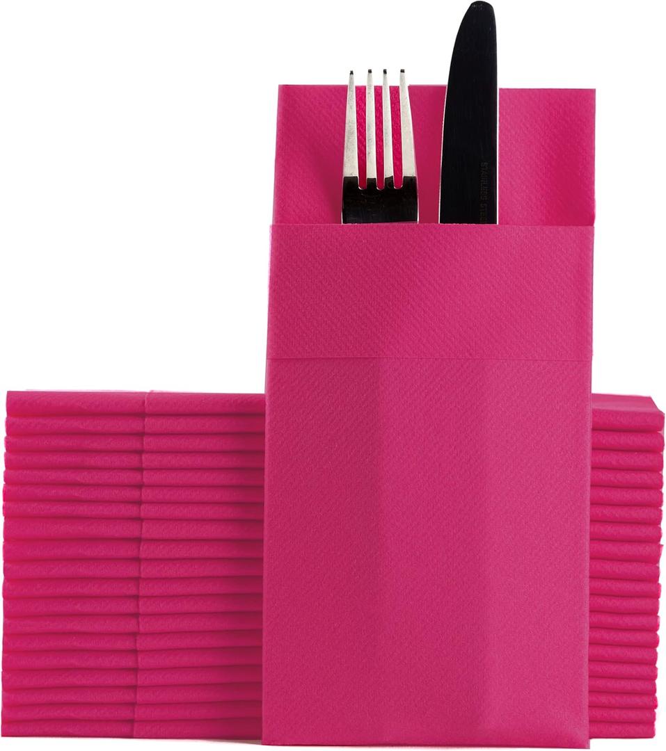 Fuchsia Dinner Napkins Cloth Like with Built-in Flatware Pocket, Linen-Feel Absorbent Disposable Paper Hand Napkins for Kitchen, Bathroom, Parties, Weddings, Dinners or Events, 1/8 Fold, Pack of 50