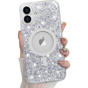 Bonoma for iPhone 16 Plus Case Sparkly Glitter Bling Back, Magnetic Support for MagSafe Shockproof, Crystal and Clear High-Duty Protection for Girls Women-Glitter Crystal