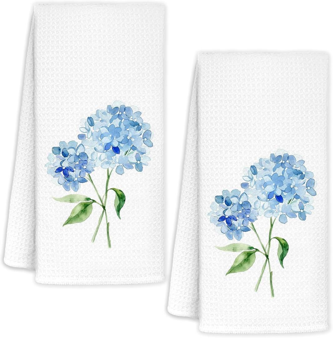 Rustic Spring Hydrangea Floral Kitchen Towels Set of 2, Blue Hydrangea Flower Decorative Dish Tea Towels for Kitchen, Spring Cottagecore Floral Hand Towels for Bathroom Decor, 16x24 Inch