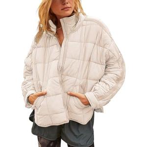 Watashi Women Quilted Puffer Jacket Lightweight Down Coat Long Sleeve Full Zipper Oversized Packable Short Puffer Jackets L