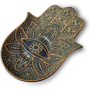 Exquisite Small Ceramic Jewelry Tray - Trinket Dish Evil Eye Decor, Gold Plate Ring Holder, Modern Boho Home Essentials, Perfume Organizer, Witchy, Aesthetic Room Decor (Black Hamsa)