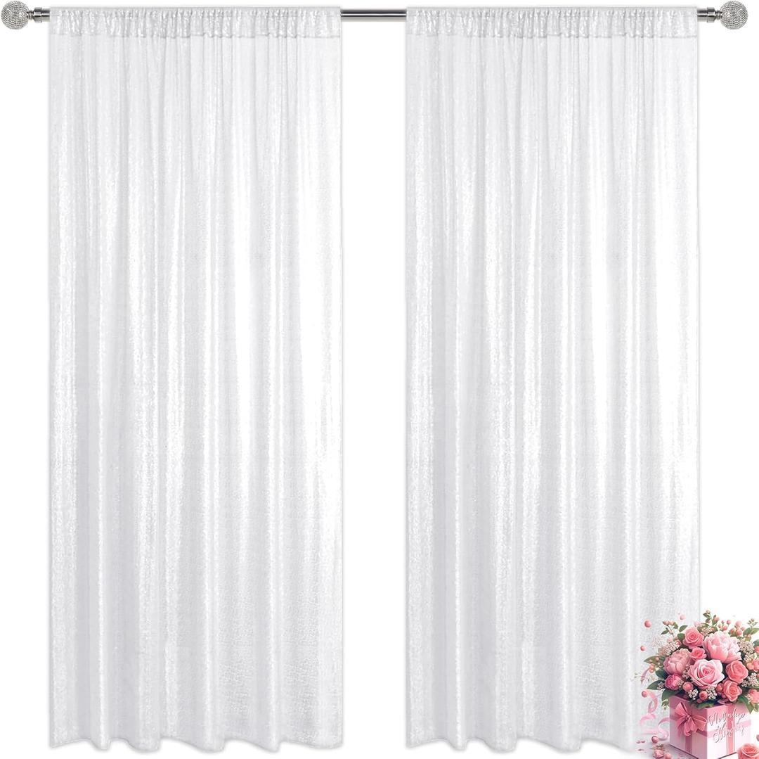 White Sequin Backdrop Curtain 2 Pieces 2FTx8FT Glitter Photography Backdrop for Party Wedding Birthday Christmas Decorations