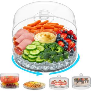 4-in-1 Small Premium Rotating Chilled Serving Tray, 9.05" Ice-Cooled Party Platter with 4 Compartments  Perfect for Fruit, Cake, Desserts, and Shrimp Cocktails  Keeps Food Fresh & Cool