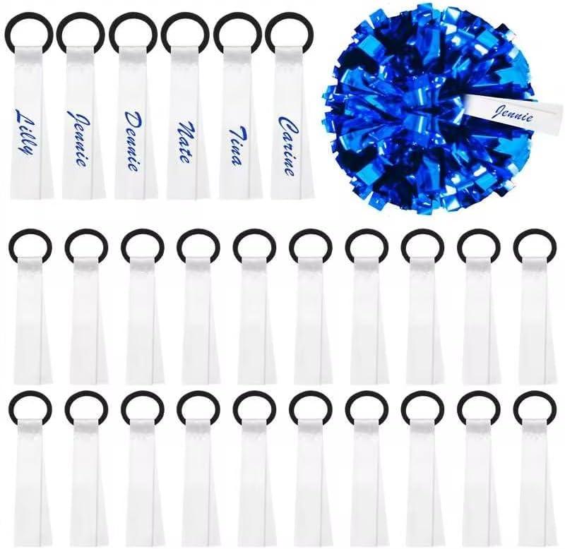 XunYee 48 Pcs Cheer Pom Pom Name Tags, Soft Polyester Tie Ribbon Labels for Cheerleaders Personalized Gear Tags for Cheer Team, Pep Rally, Camp Gifts HTV & Embroidery Ready, 5" x 0.9"