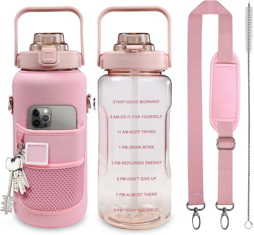 Half Gallon Water Bottle with Sleeve, 64OZ Motivational Water Bottle with Straw & Time Marker, BPA Free Leakproof Gym for Sport Workout (Pink)