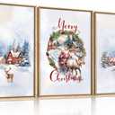 HPINUB Christmas Santa Reindeer Framed Canvas Wall Art Set Sleigh Deer Winter Snow Forest Tree Wall Decor Wonderland Art Print for Living Room,Bedroom,Party-16" x24"x3