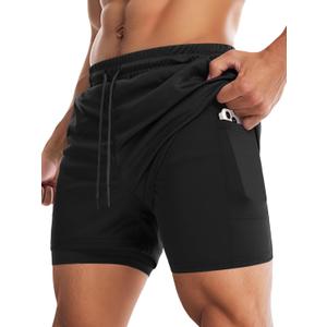 Aolesy Men's Gym Shorts with Liner 5/7 Lightweight Running Shorts Mesh Workout Athletic Shorts with 5 Pockets (Black, L)