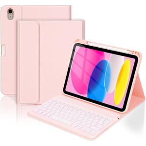 Folio Keyboard Case for iPad (A16) 11th Generation 11 Inch (2025), iPad 10th Generation 10.9 Inch (2022), Wireless Detachable Keyboard, 7-Color Backlight, Pencil Holder (Light Pink)