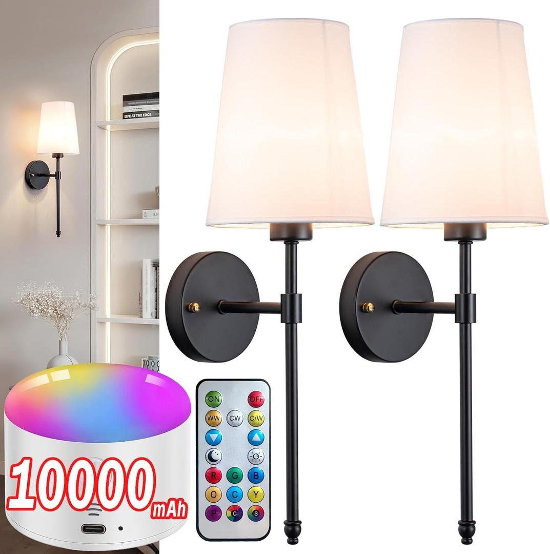 YHCDLAMP Battery Operated Wall Sconce Light with Remote Control, Dimmable Wall Sconce Set of 2 with White Fabric Shade, Wireless Battery Operated Wall Lamp for Bedroom Living Room, Bulb Included (Black)