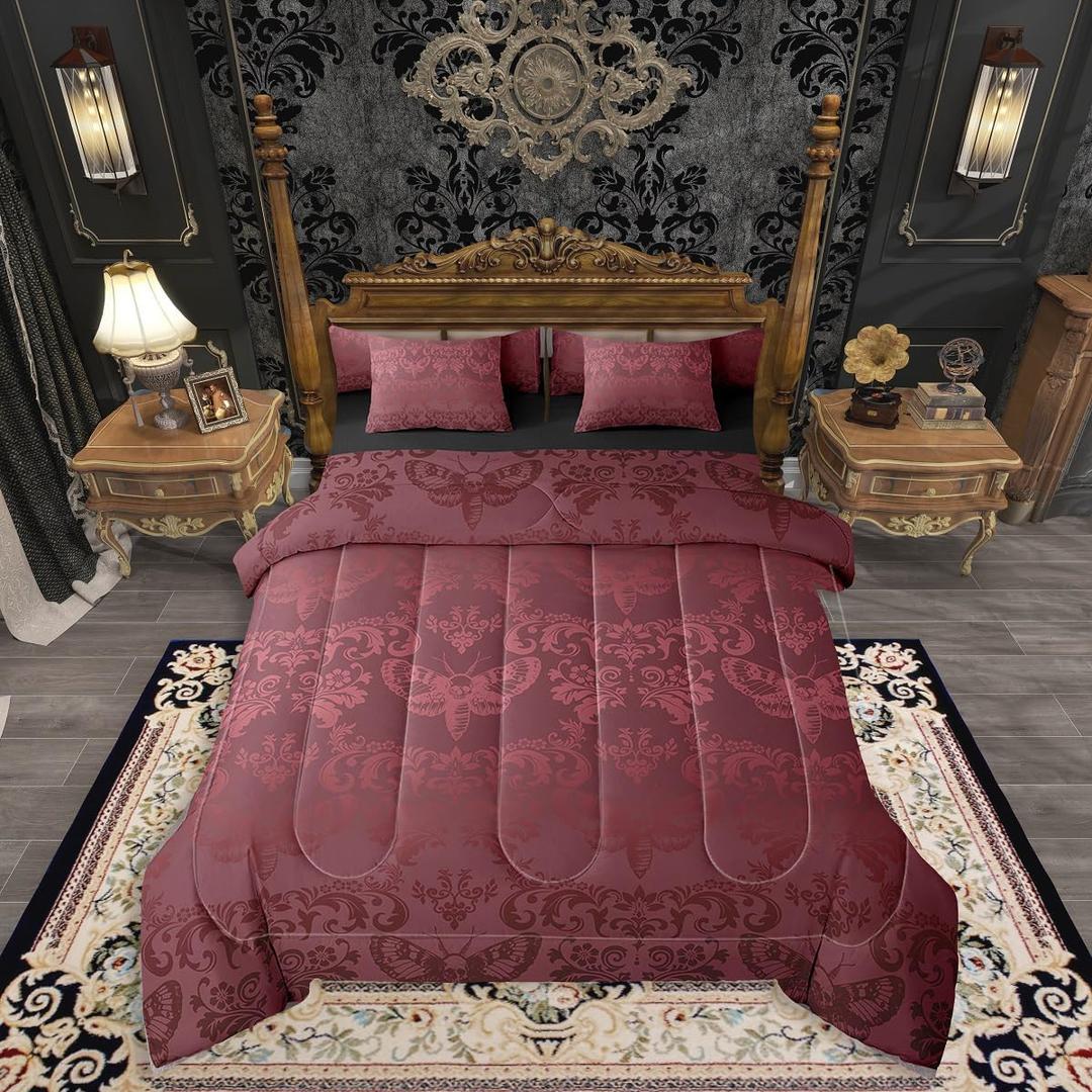 Erosebridal Gothic Queen Comforter Set 7 Pcs Burgundy Moth Goth Bed in A Bag with Sheets Vintage Damask Boho Bedding Comforter Sets for Kids Adults, Victorian Bohemian Floral Animal Bed Set Visit the Erosebridal Store