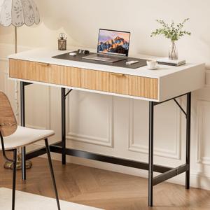 45 Inch White Desk with Drawers, Small Writing Desks for Bedroom, Fluted Cute Desk with Storage for Vanity, Wood Computer Table for Living Room Small Spaces Home Office Study