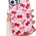 Compatible with iPhone 14 Pro Max Case, Cute Pink Cherry Bow Pattern with Shockproof Slim Soft TPU and Hard PC Protective Cover for Women Designed for iPhone 14 Pro Max Case, Glossy