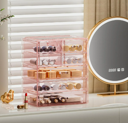 COMVTUPY Acrylic Clear Large Makeup Organizer - Jewelry Holder Organizer, Perfect Make Up Organizers and Storage for Vanity, Bathroom (3 Large, 4 Small Drawers - Purple)