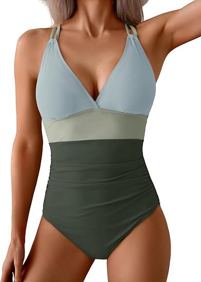 Aidonger Women's One Piece Color Block Swimsuit Tummy Control Slimming Bathing Suit V Neck Cutout High Waisted Swimwear Medium